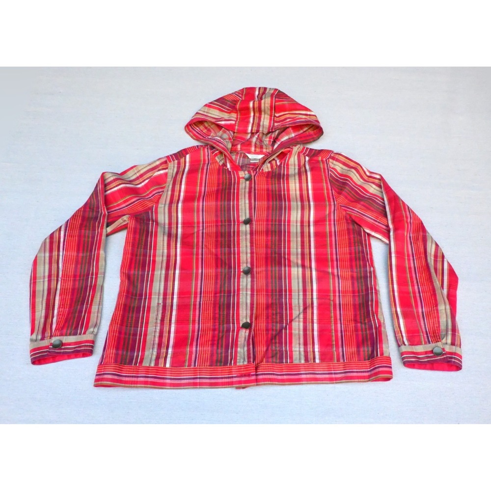 Christopher and Banks Womens M 100% Cotton Hooded Shirt Jacket Red Pink Plaid